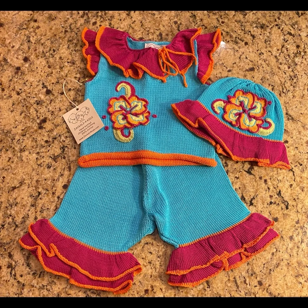 NWT *ZACKALI 4 KIDS* 100% Cotton Hand-Knitted 3-Piece Set: Size 6M - Picture 1 of 2